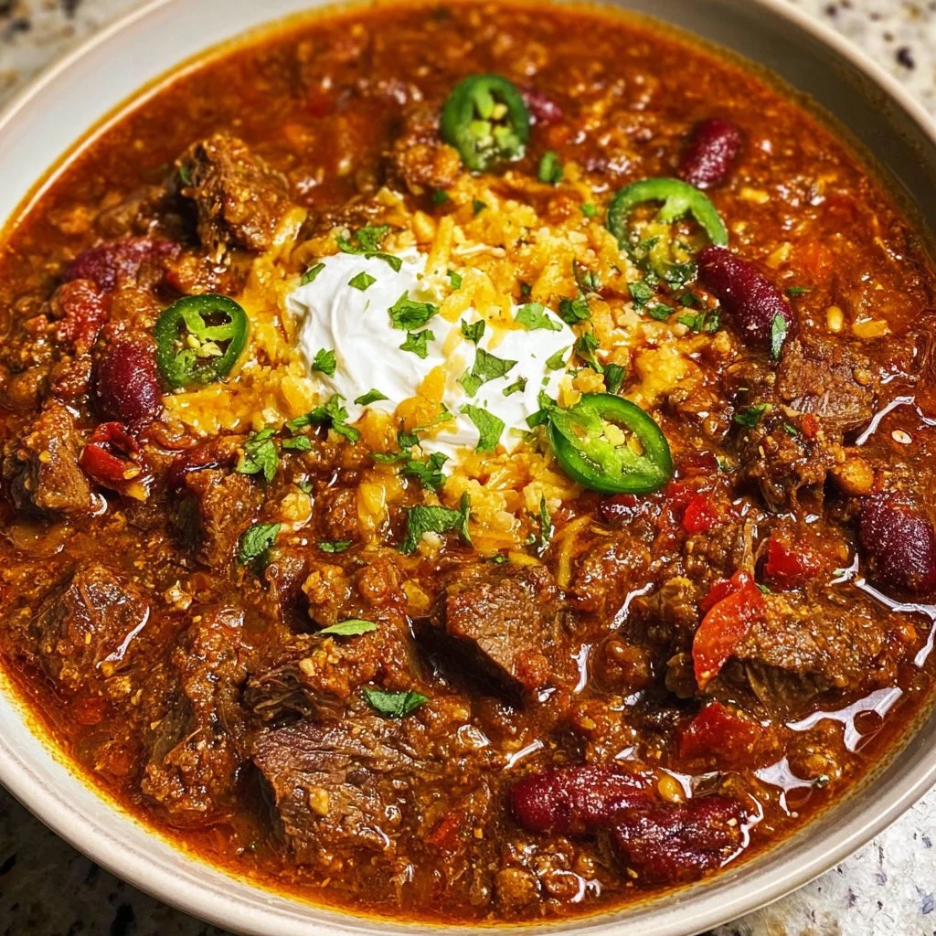 Bowl of award-winning short rib and chorizo chili with garnishes