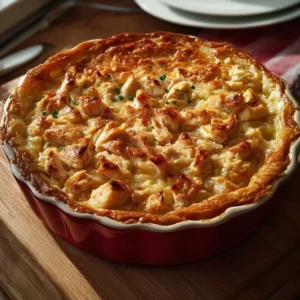 Baked Rappie Pie with Chicken and Onion served in a rustic dish