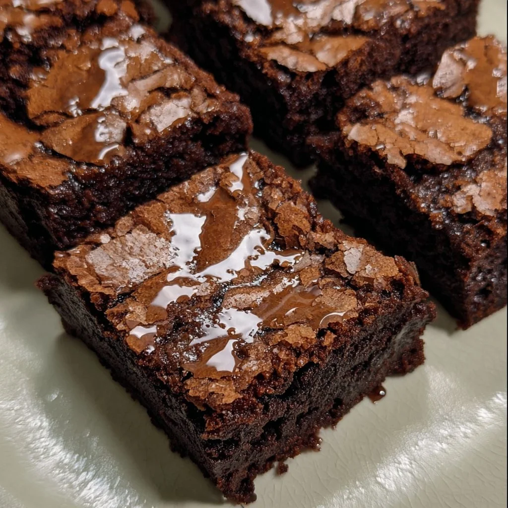 Delicious bakery style brownies made without cocoa powder on a white plate