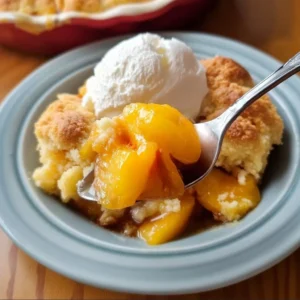 Delicious homemade peach cobbler served with vanilla ice cream.