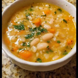 Bowl of delicious homemade white bean soup garnished with herbs