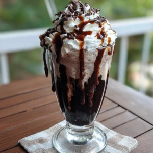 Delicious black milkshake topped with whipped cream and chocolate sprinkles