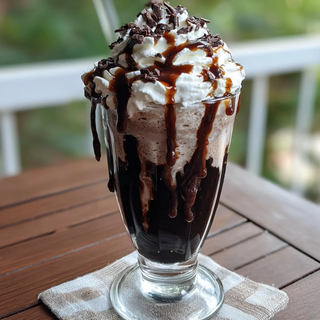 Delicious black milkshake topped with whipped cream and chocolate sprinkles