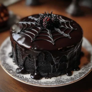 Delicious black velvet Halloween cake decorated with spooky elements