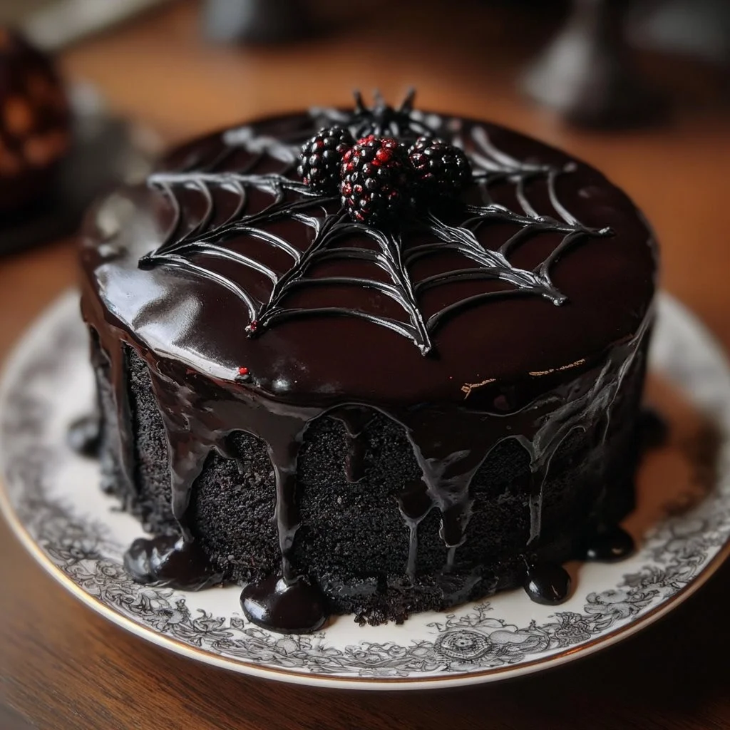 Delicious black velvet Halloween cake decorated with spooky elements