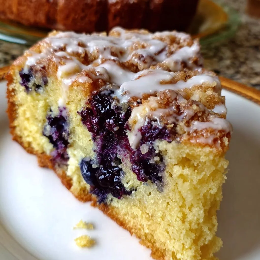 Blueberry Sour Cream Coffee Cake topped with fresh blueberries and a creamy texture.