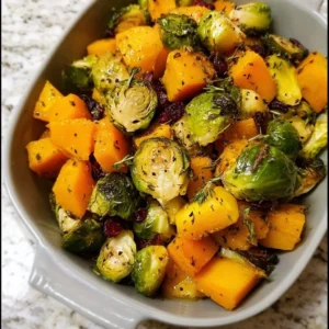 Roasted butternut squash and Brussels sprouts served in a bowl