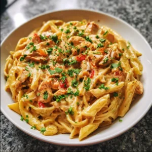 Plate of Cashew Cream Cajun Chicken Pasta garnished with fresh herbs.