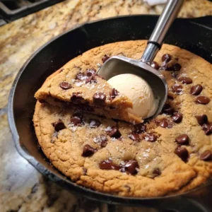 Delicious cast iron skillet cookie served warm with chocolate and nuts