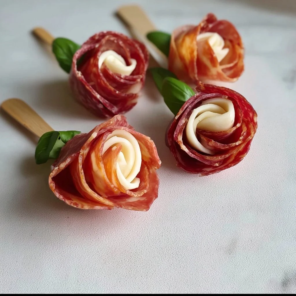 Beautiful charcuterie roses made from assorted meats and cheeses for elegant presentations.