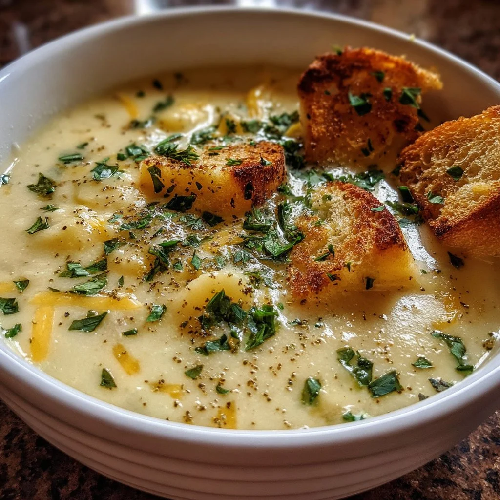 Bowl of Cheddar Garlic Herb Potato Soup garnished with herbs and cheese