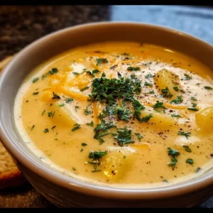 Bowl of Cheddar Garlic Herb Potato Soup garnished with herbs and cheese