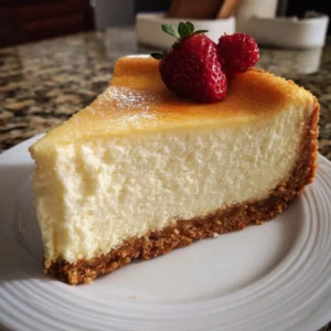 Delicious cheesecake topped on a graham cracker crust slice