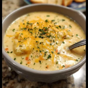 Creamy cheesy cauliflower soup in a bowl, garnished with herbs.