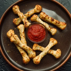 Cheesy Halloween breadstick bones served with marinara sauce for dipping