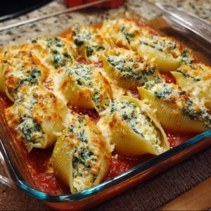 Cheesy ricotta and spinach stuffed shells served with marinara sauce