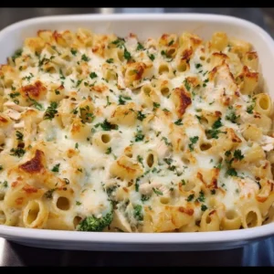 Creamy Chicken Alfredo Pasta Bake topped with melted cheese and herbs
