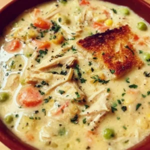 A bowl of creamy Chicken Pot Pie Soup garnished with herbs and vegetables.