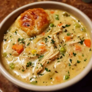 Delicious Chicken Pot Pie Soup served in a bowl with vegetables and herbs.