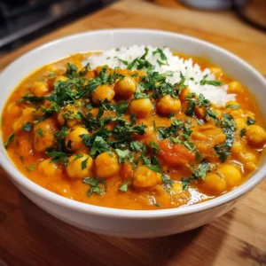 A bowl of flavorful chickpea curry garnished with fresh herbs and served with rice.