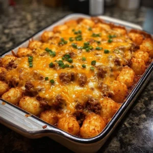 A delicious dish of Chili Cheese Tater Tot Casserole baked to perfection.