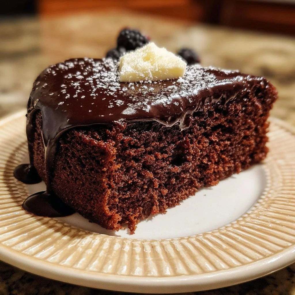 Chocolate cake for two served with chocolate frosting on a plate