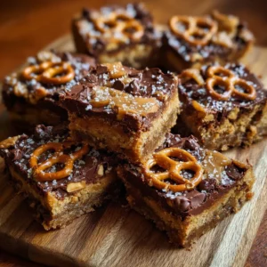Chocolate peanut butter pretzel blondies topped with pretzels and chocolate drizzle