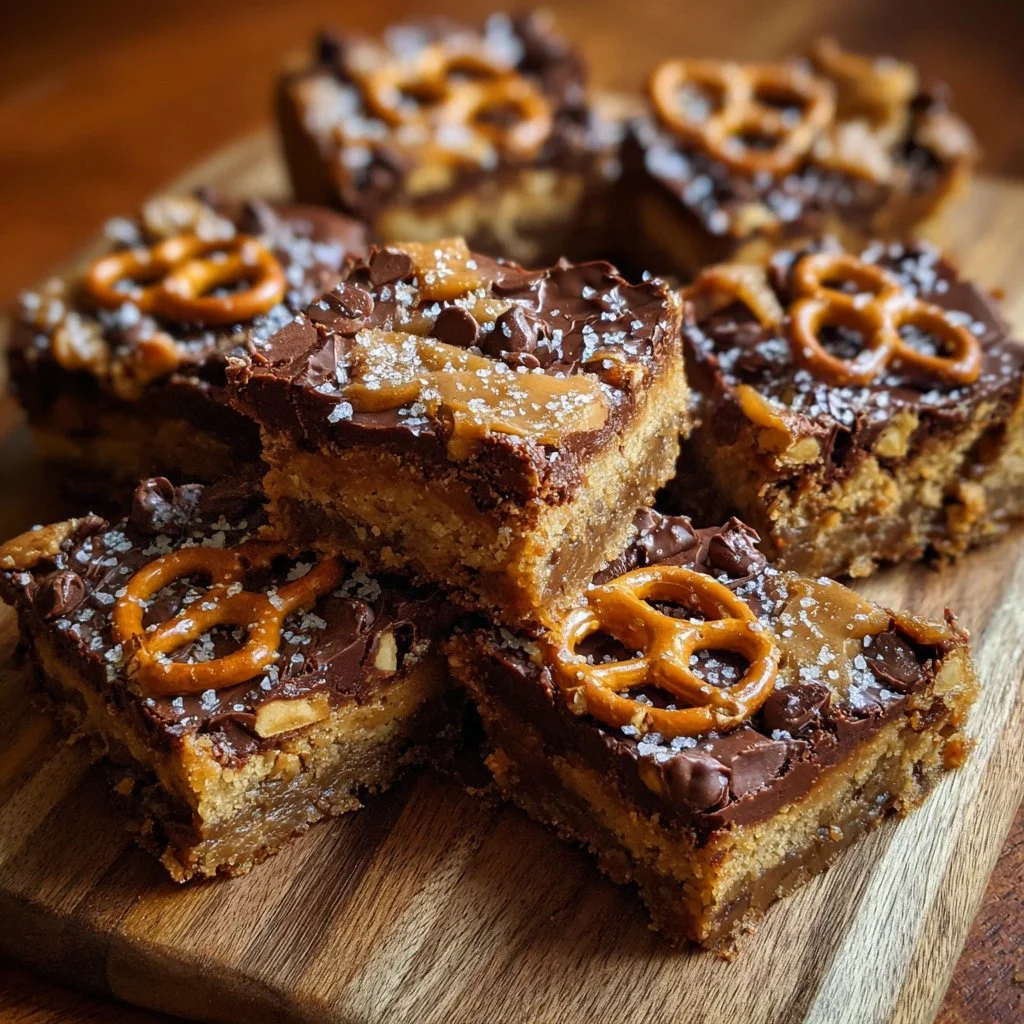 Chocolate peanut butter pretzel blondies topped with pretzels and chocolate drizzle
