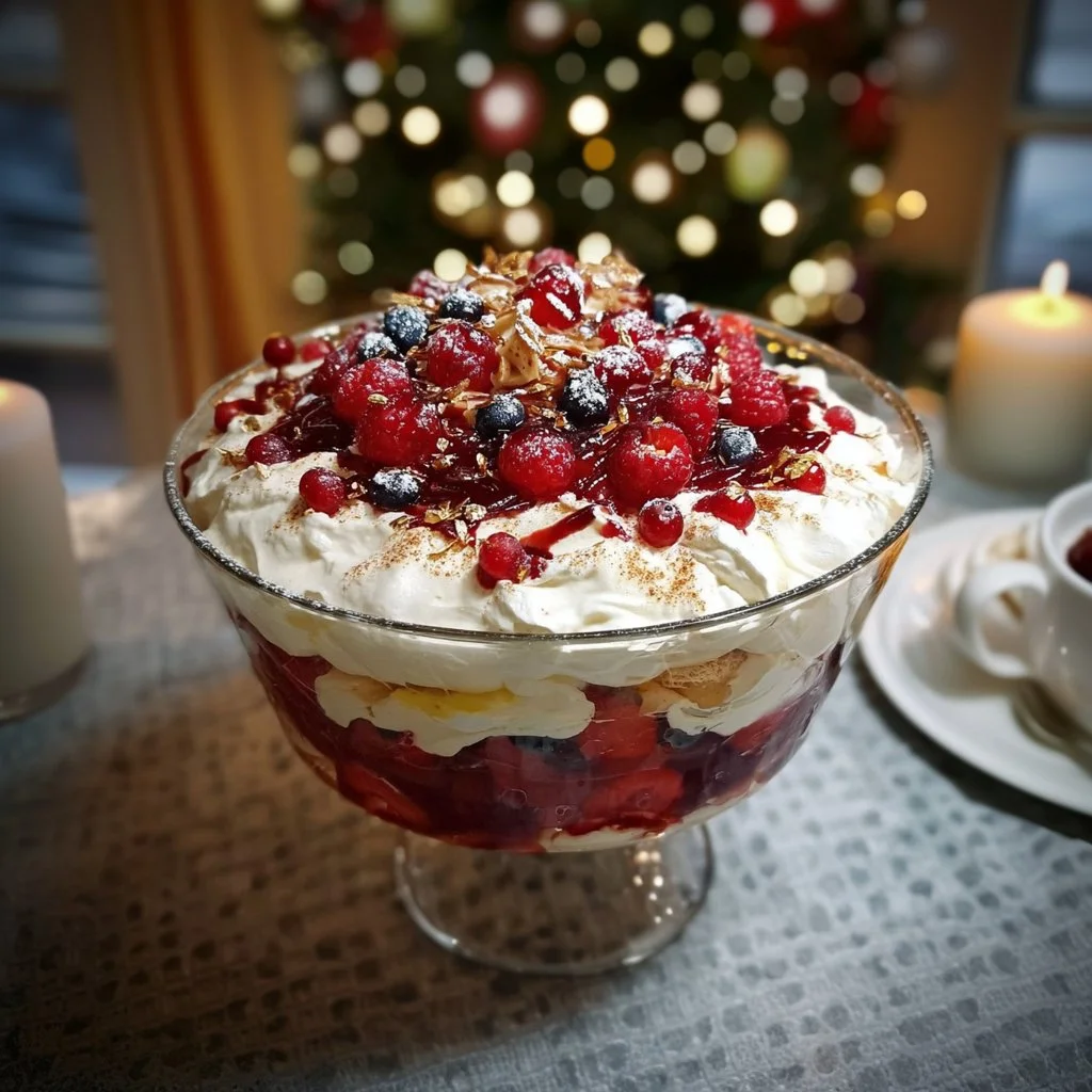 Delicious Christmas Pavlova Trifle with layers of meringue, cream, and berries