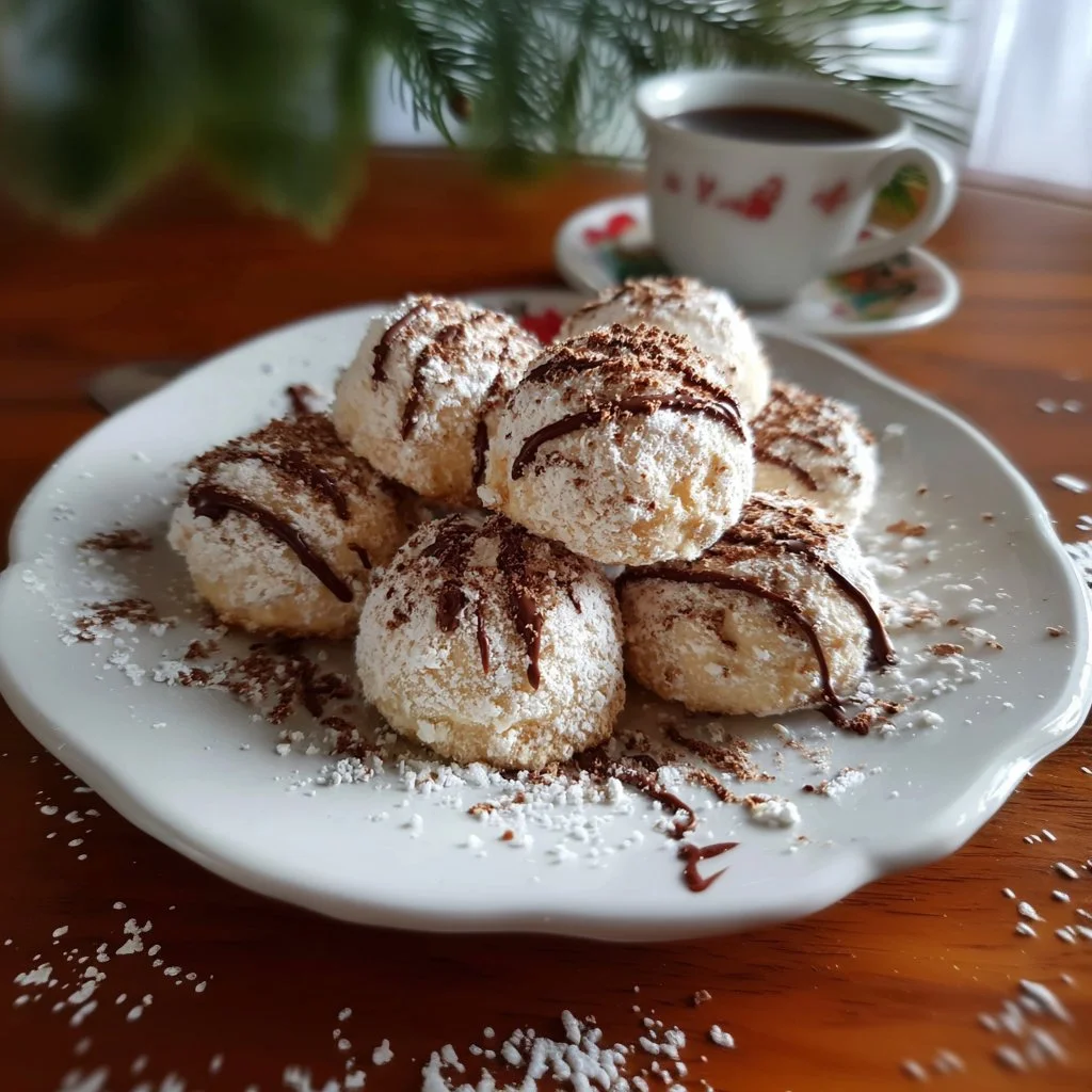 Festive Christmas Tiramisu Snowball Cookies with powdered sugar topping