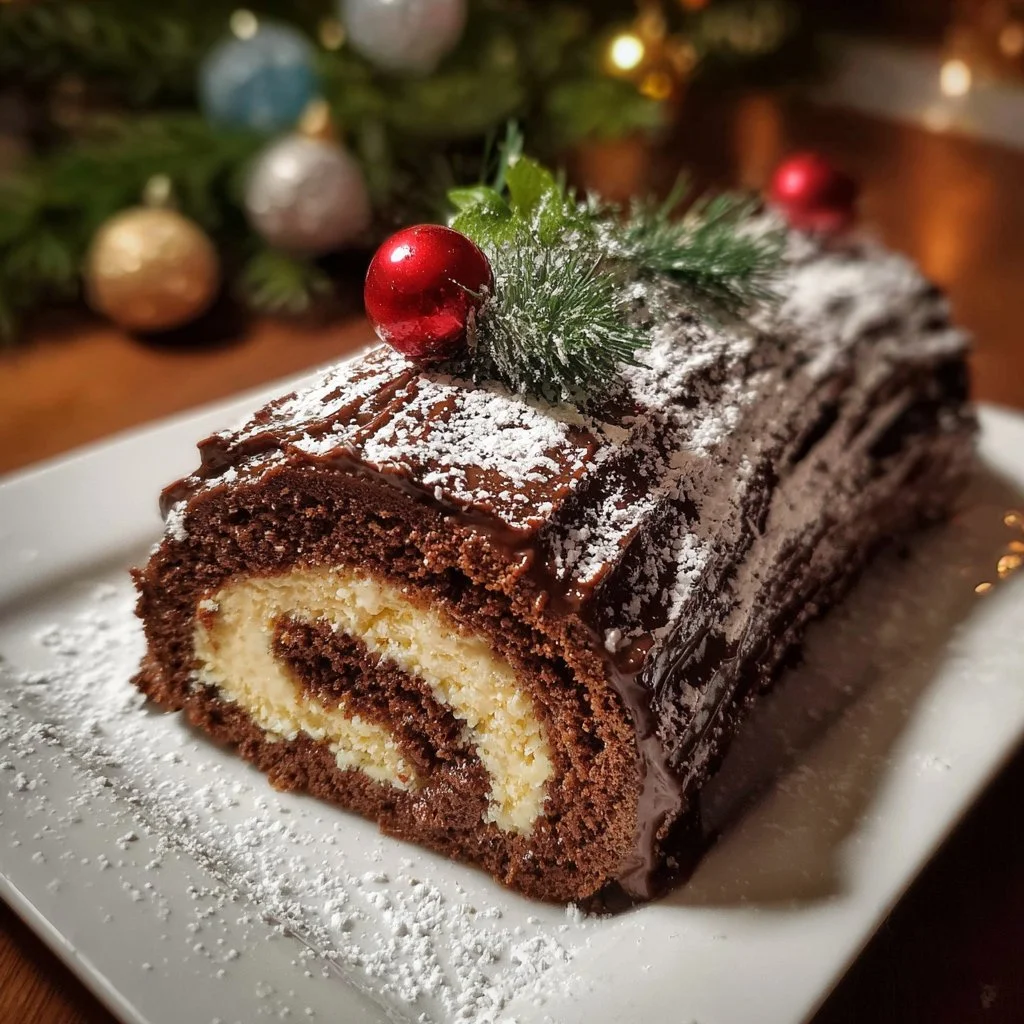 Chocolate Yule Log Cake decorated for Christmas