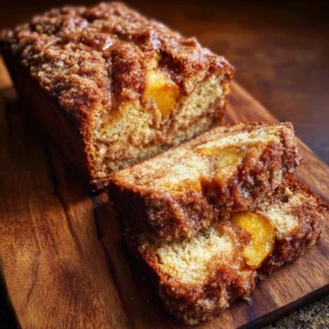 Loaf of Cinnamon Crunch Peach Muffin Bread with a golden brown crust and peach chunks