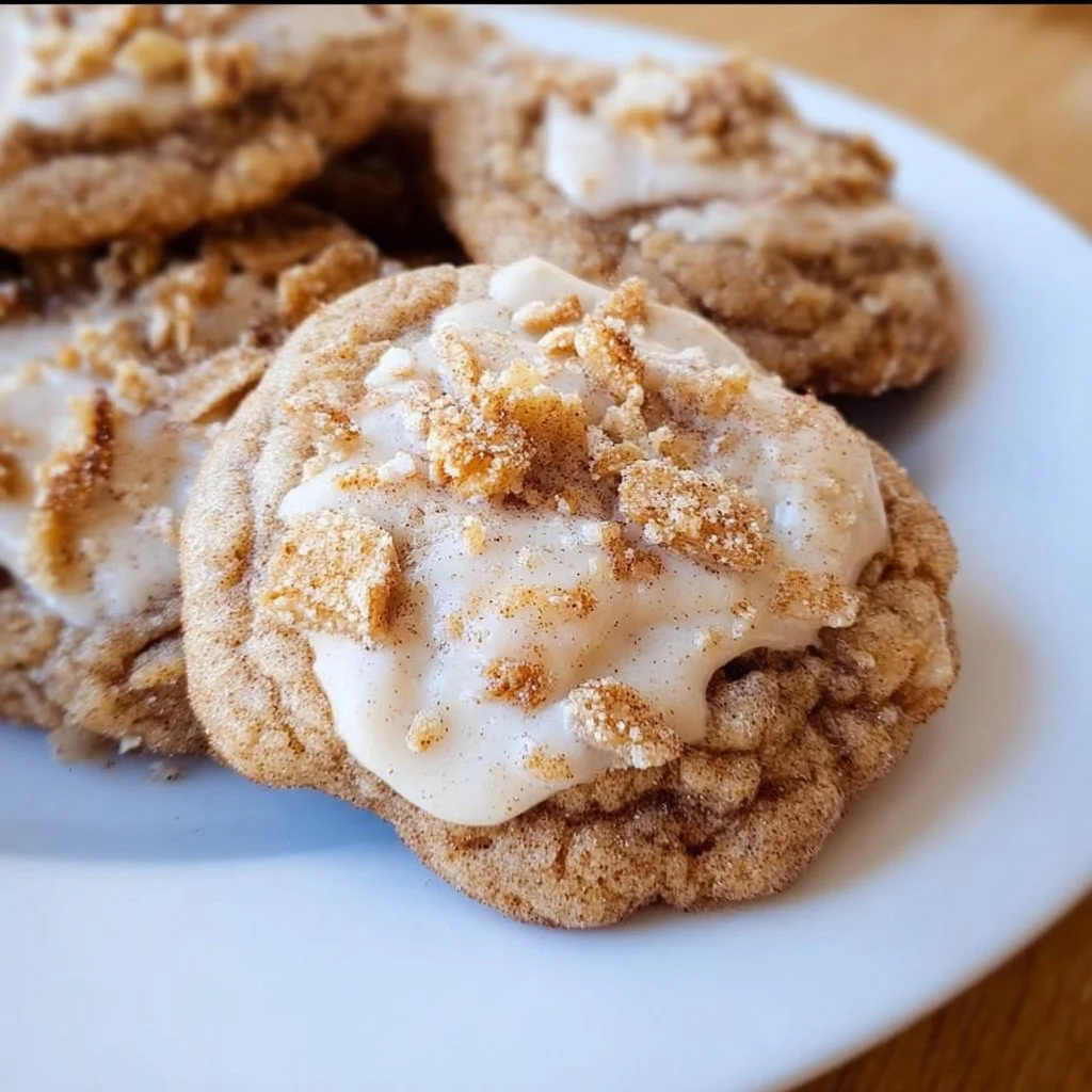 Close-up of freshly baked Cinnamon Toast Crunch Cookies with cereal pieces