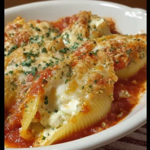 Plate of Copycat Olive Garden Jumbo Stuffed Shells with marinara sauce