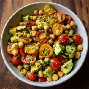 Corn, Tomato, and Avocado Chickpea Salad in a bowl garnished with fresh herbs.