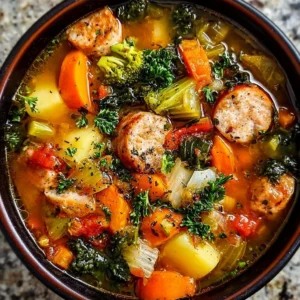 Cozy chicken sausage vegetable soup in a bowl with fresh herbs