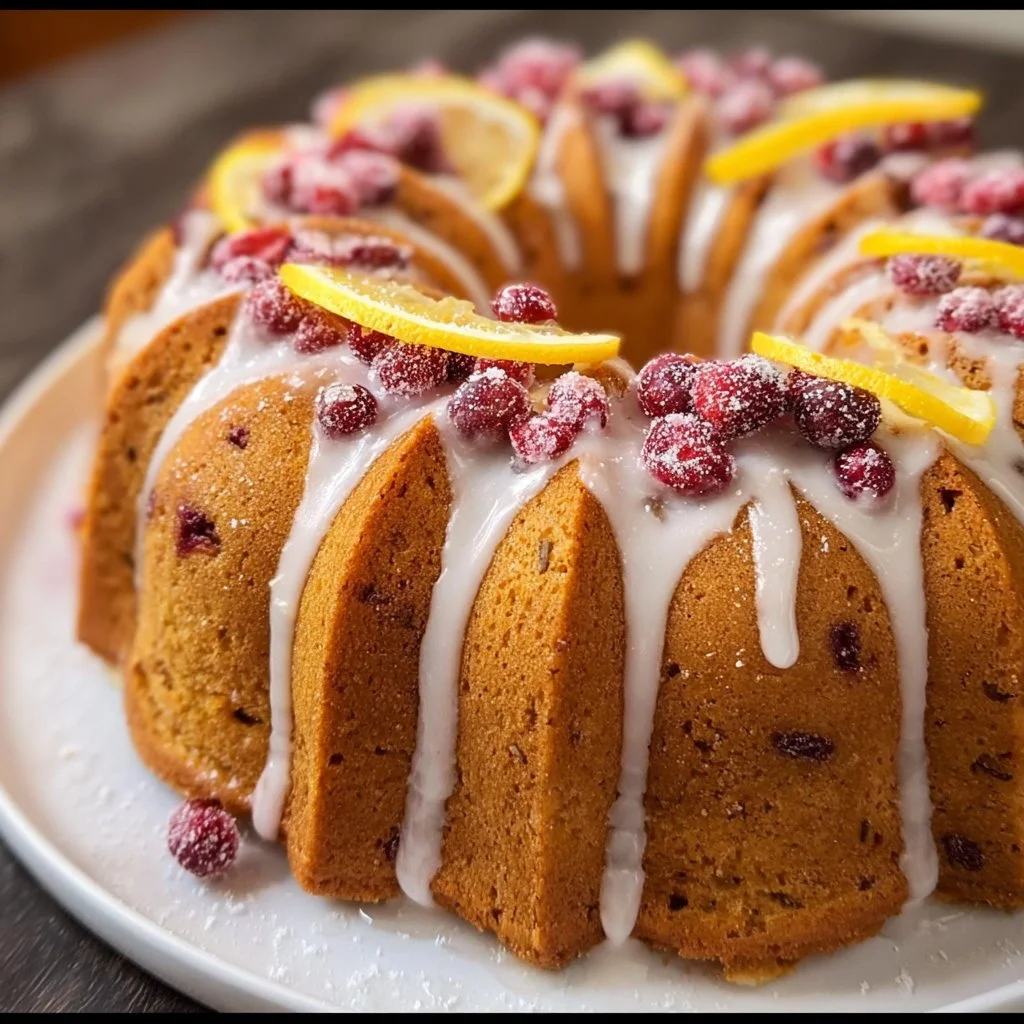 Slices of Cranberry Orange Bundt Cake on a decorative plate