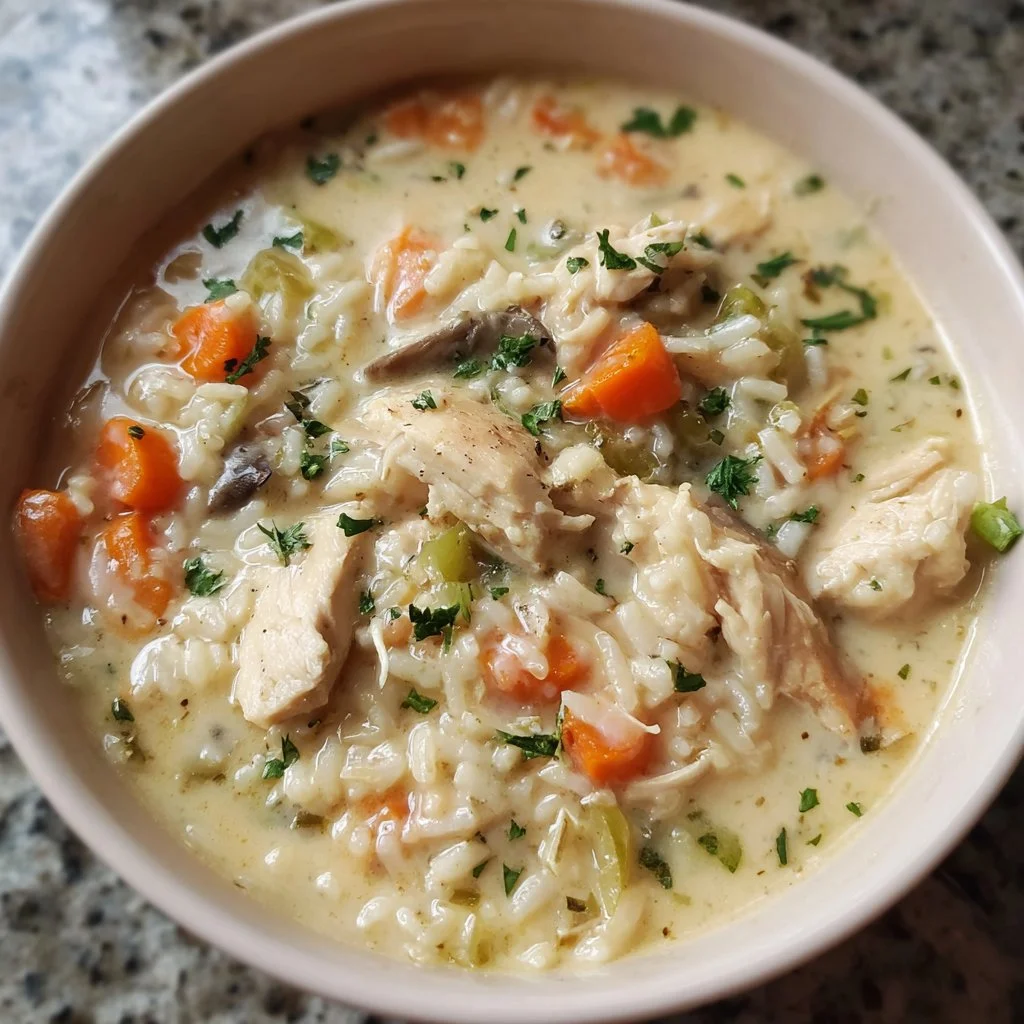 Bowl of creamy chicken and rice soup garnished with herbs