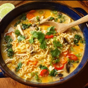 Delicious creamy chicken ramen soup in a bowl with fresh herbs
