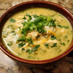 Bowl of creamy green enchiladas chicken soup topped with fresh cilantro and cheese.