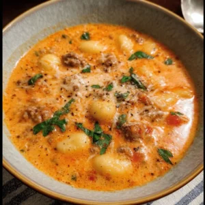 Creamy Italian Sausage Gnocchi Soup with fresh ingredients in a bowl