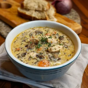 Creamy mushroom chicken soup with wild rice in a bowl, garnished with herbs.
