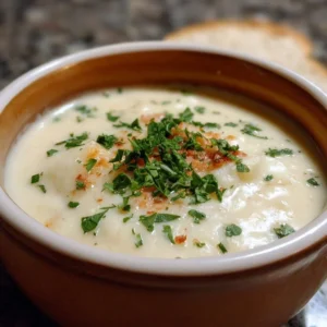 Bowl of creamy potato soup garnished with herbs and served with bread