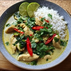 Creamy and spicy Thai green chicken curry served in a bowl with fresh herbs