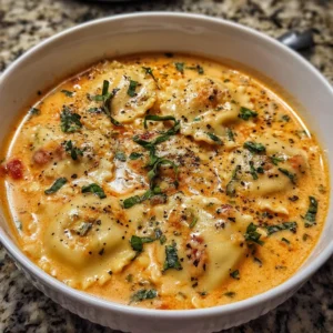 Bowl of creamy Tuscan Ravioli Soup garnished with herbs and cheese