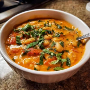 Bowl of creamy vegan tomato white bean stew with fresh herbs