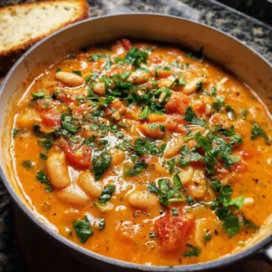 Creamy vegan tomato white bean stew served in a bowl with fresh herbs