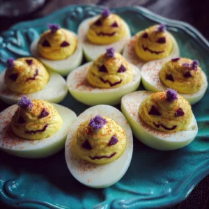 Creepy deviled eggs decorated for Halloween party