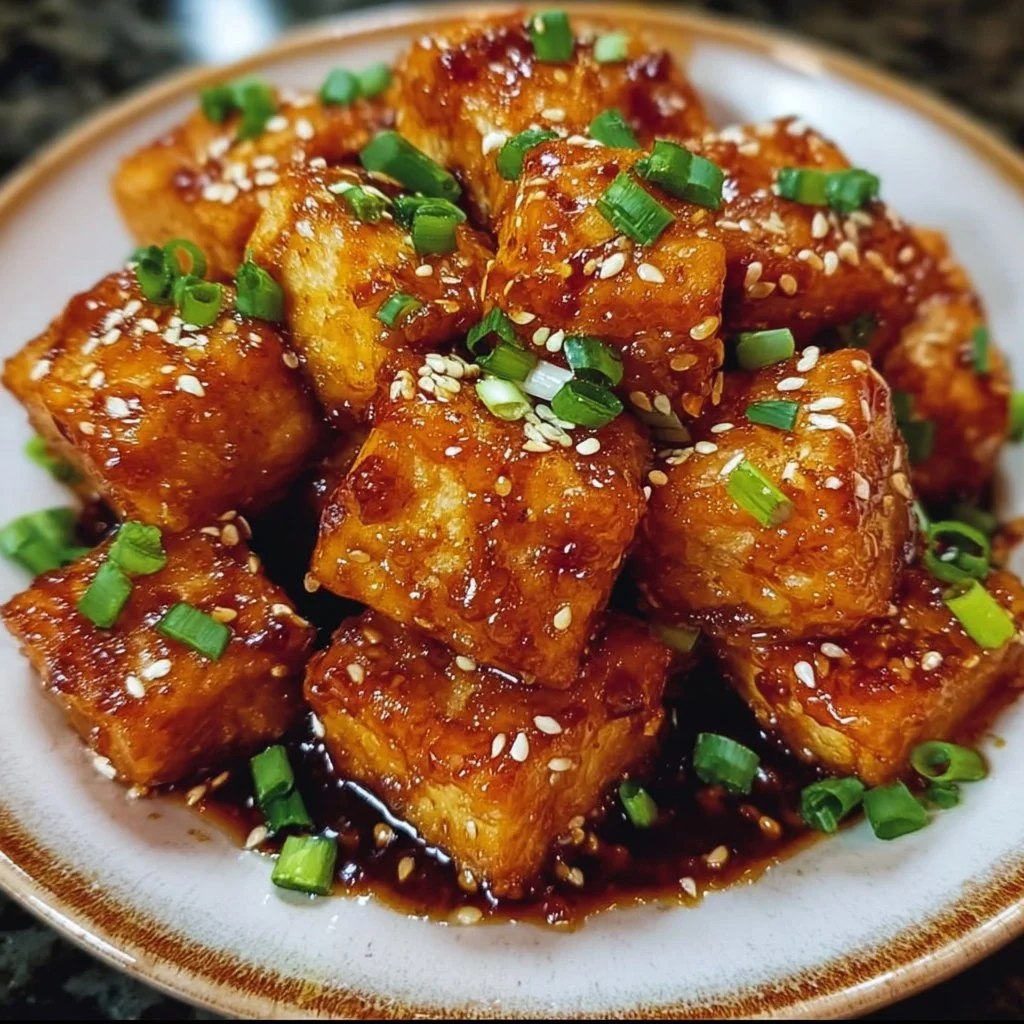 Delicious crispy hot honey tofu bites garnished with herbs.