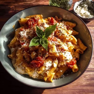Crockpot brown butter tomato and ricotta pasta in a bowl